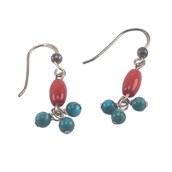 Handcrafted Silver Hook Earrings With Red & Turquoise Beads Boho - Picture 3 of 6